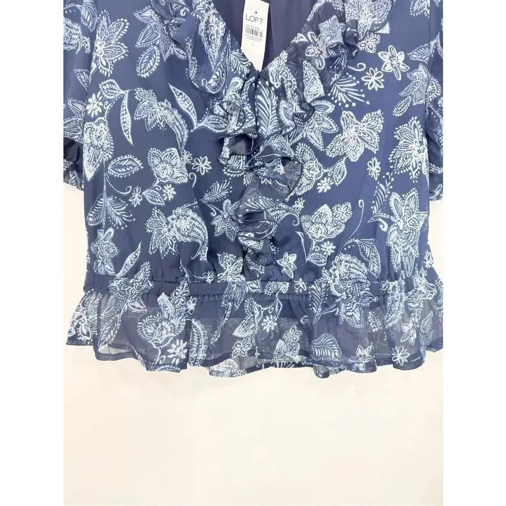 LOFT Blue White Floral Ruffle V Neck Peplum Hem Short Puff Sleeve Blouse NEW